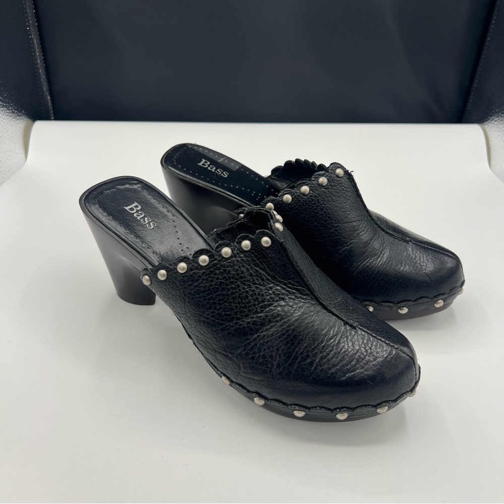 Bass Black‎ Leather Platform Clog Wooden Studded Vintage East Village Bohemian 9